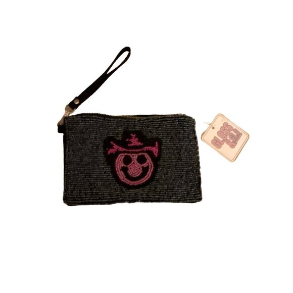 NWT Beaded Gloss & Glo Wristlet Clutch Smiley Face Cowboy Zipper Closure Black & - Picture 1 of 6